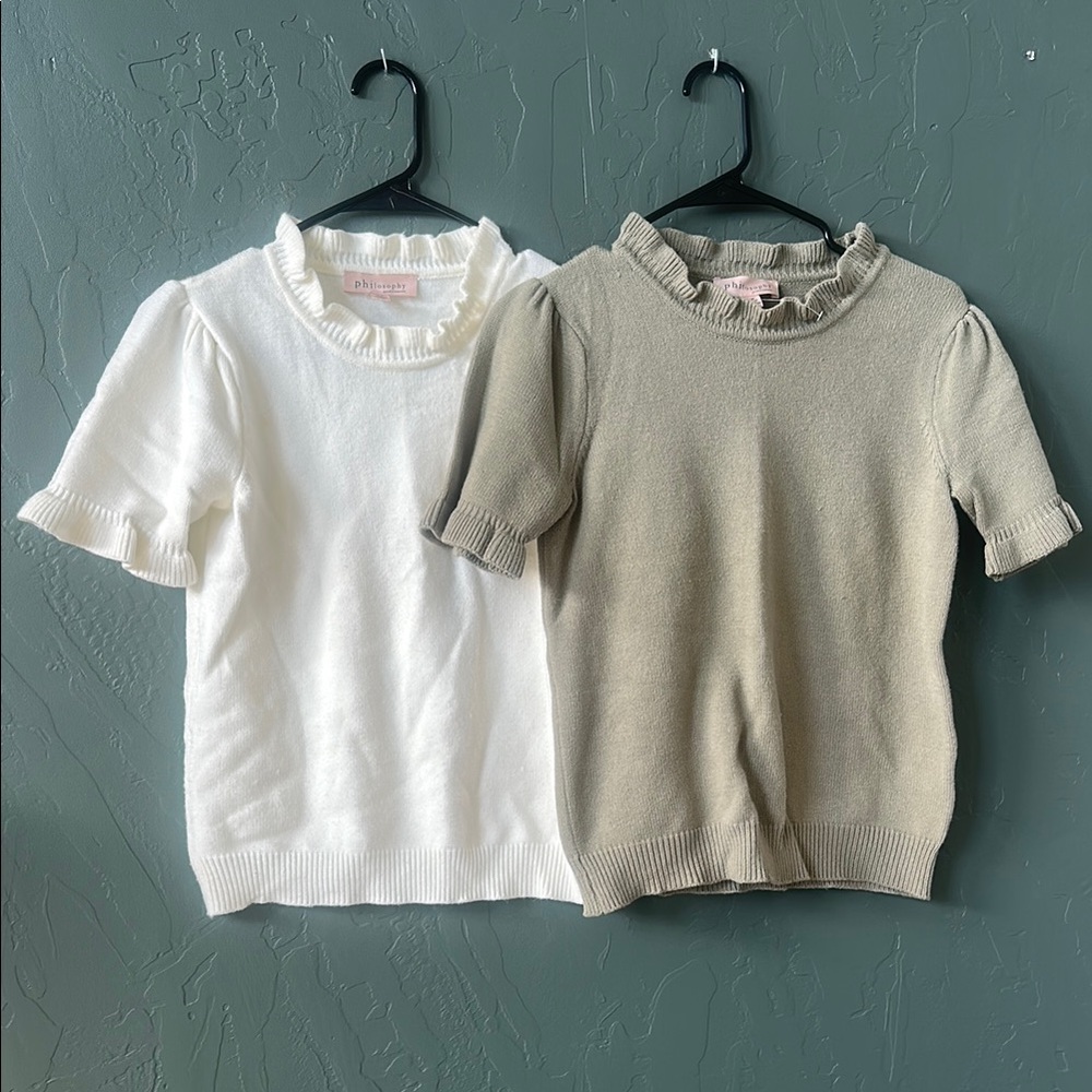 Womens Ruffled Ivory and Sage Sweaters